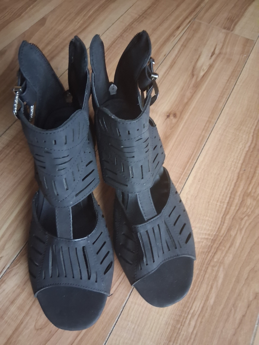 Women's Black Laser-Cut Ankle Booties with Buckle Strap
